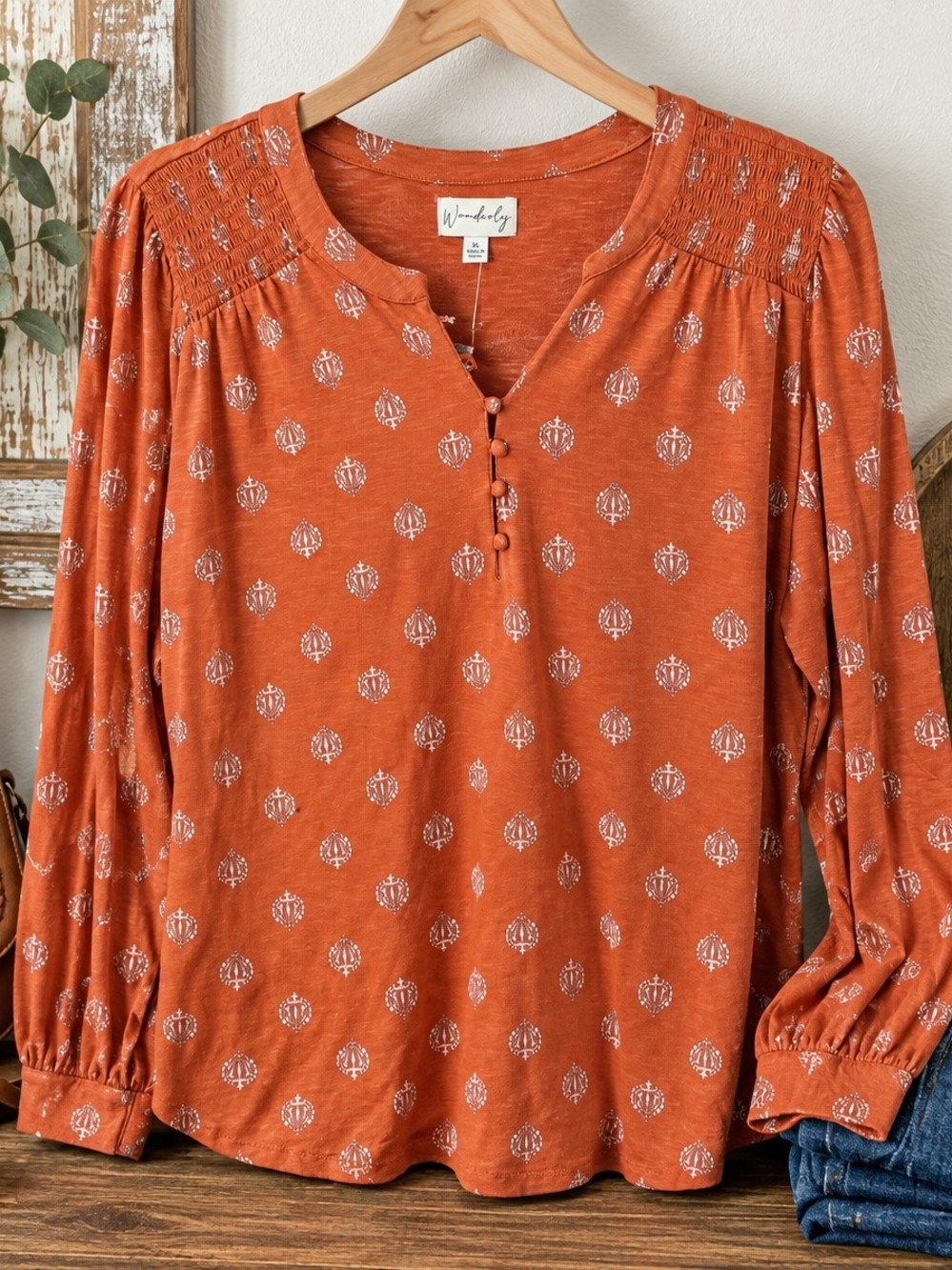 Wonderly Women’s Rust Orange Boho Print Long Sleeve Top Size 1X NWT